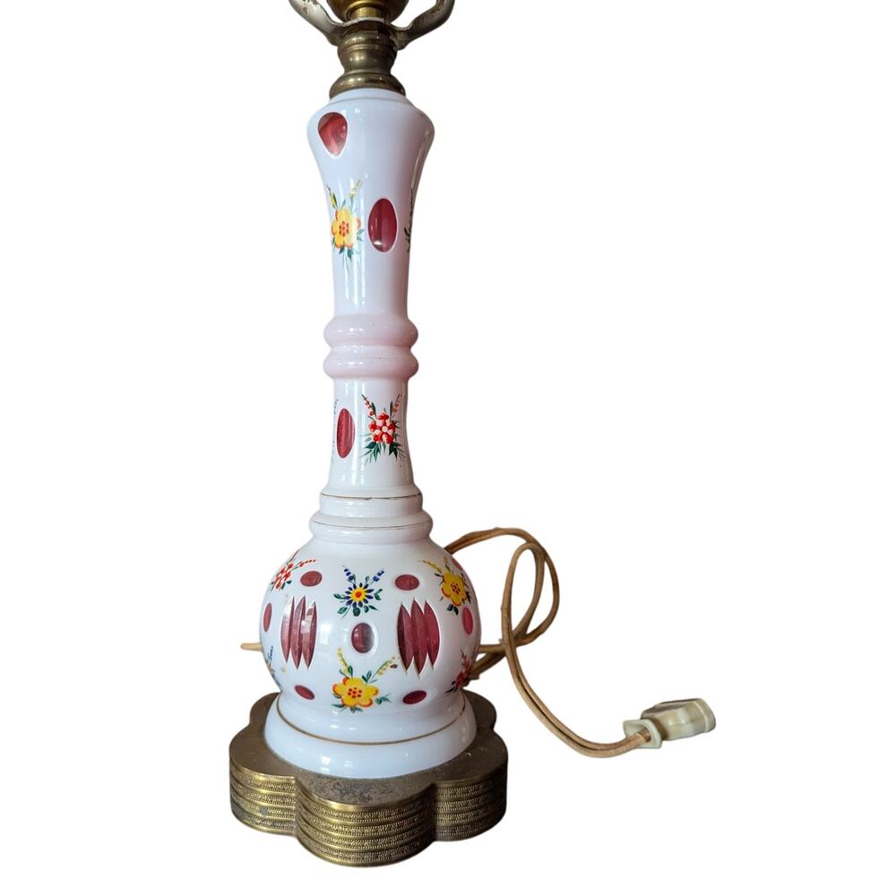 Vintage Cranberry Glass Boudoir Lamp Moser Cut Clear Enamel